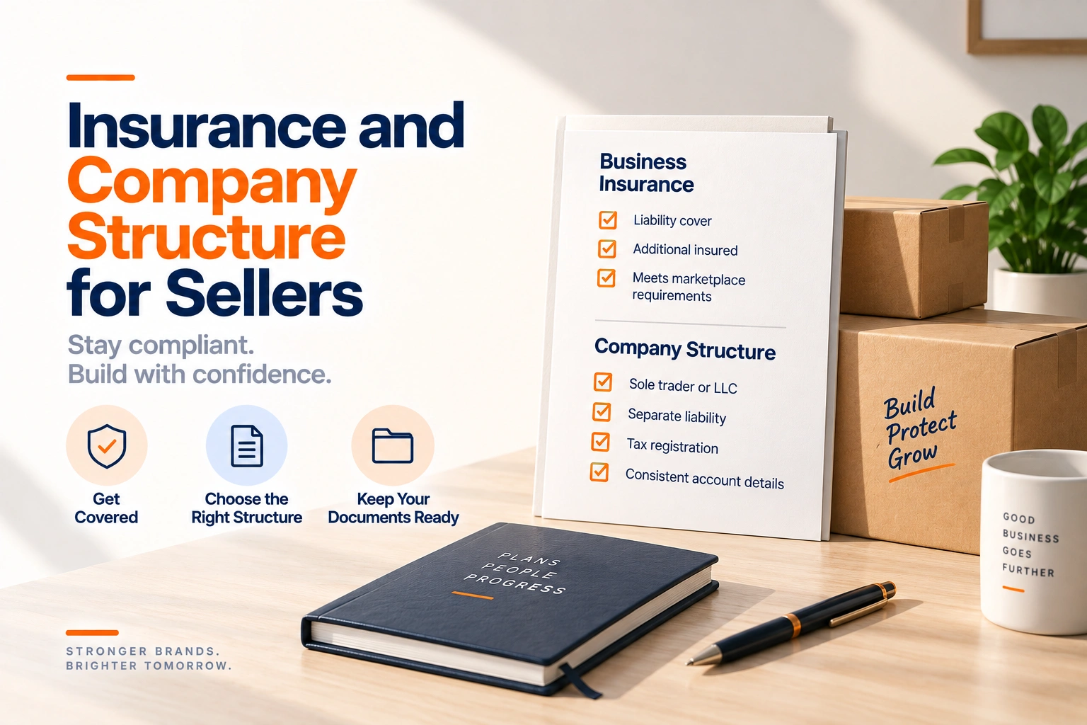 A desk with a certificate of insurance, a company registration and an Amazon account page beside each other