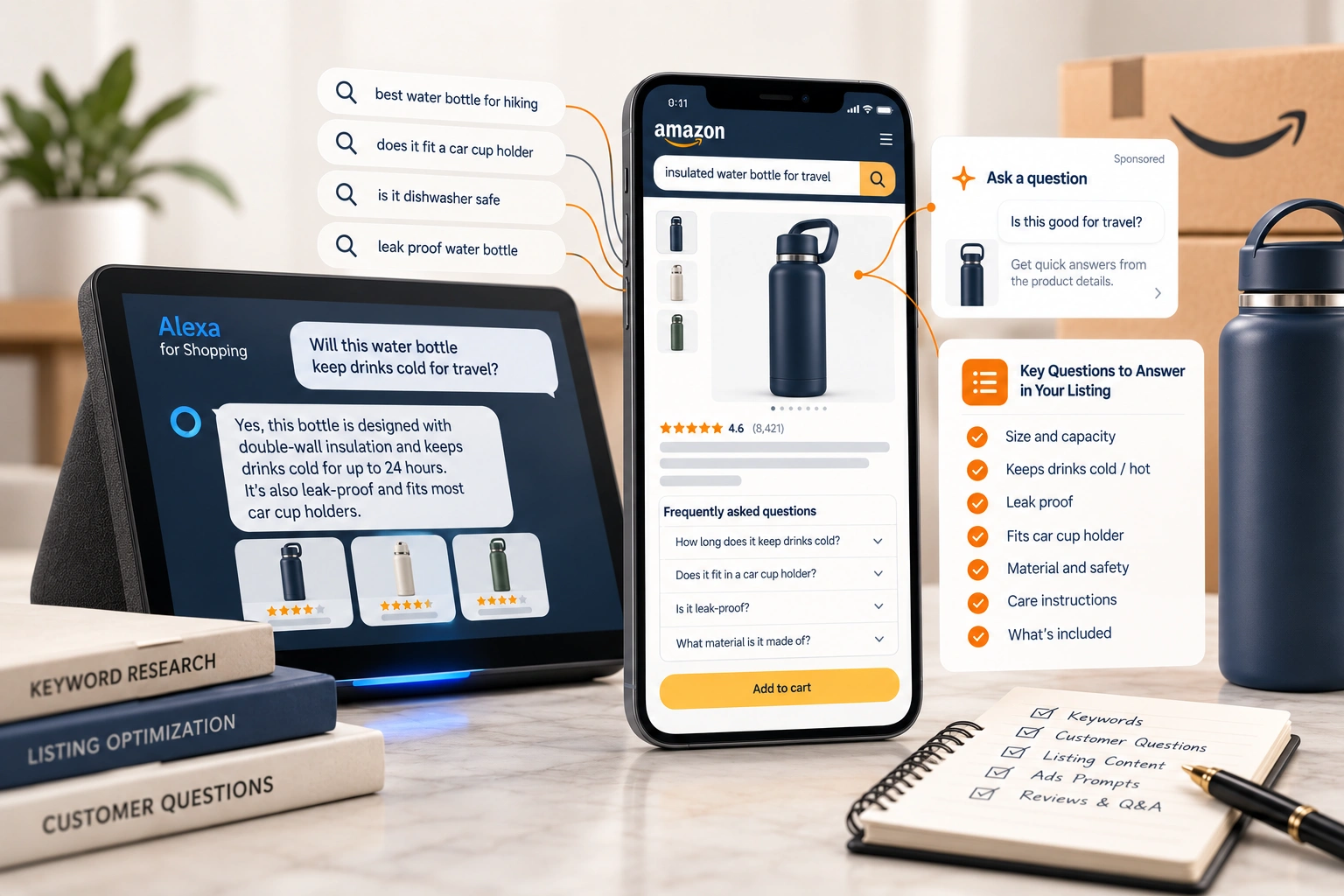 A phone showing a shopper's typed question to an assistant beside a product page, on a desk with a notebook of keywords
