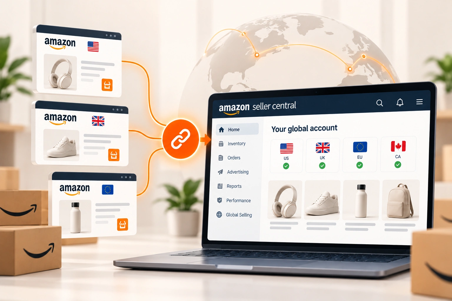 Two laptops showing Seller Central for different countries, side by side on a desk beside a world map with the stores marked