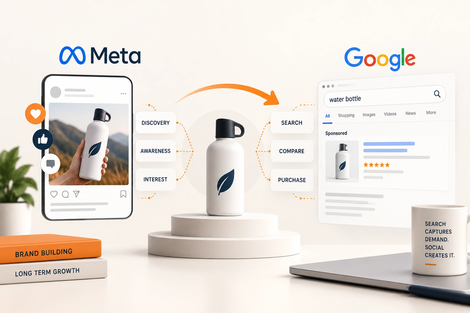 Two funnels side by side, one beginning with a search and one with a scroll, meeting at the same product page