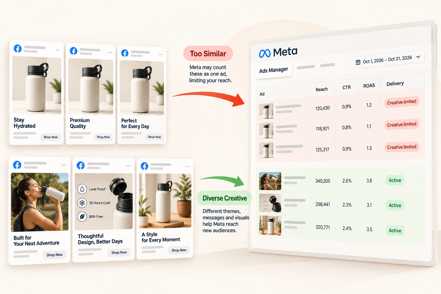 Six product ads pinned to a board, a demo, a review, a gift scene and a price card, two of them near-identical