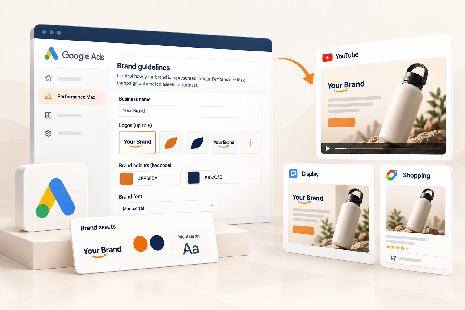 A brand book open at its colour and typeface pages beside a laptop showing display ads in the same two colours