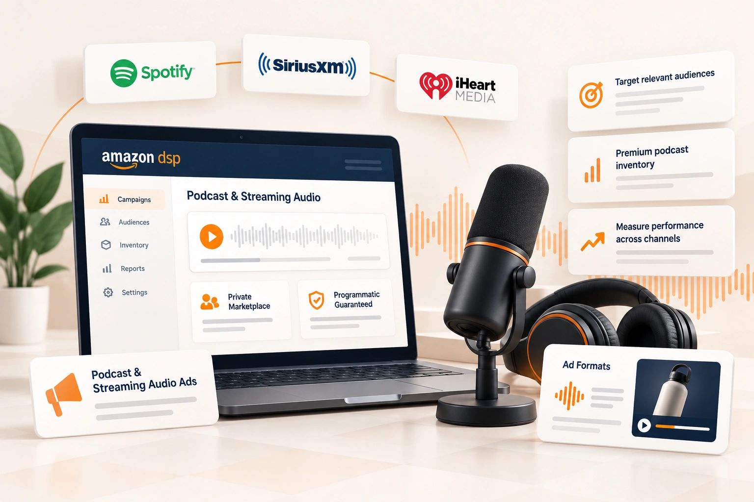 A studio microphone and headphones on a desk beside a laptop showing an audio campaign's delivery report by country