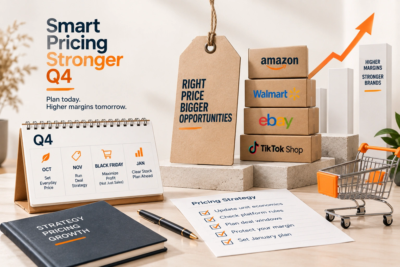 A price history line rising and falling across a quarter on a lit screen, beside a calculator and a stack of product boxes