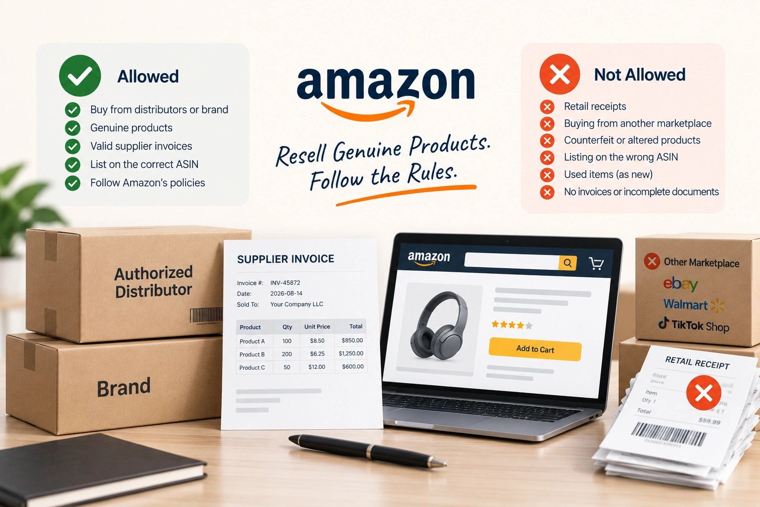 A resale chain running from supplier invoice to live Amazon listing, with the gating approval marked as the step between them