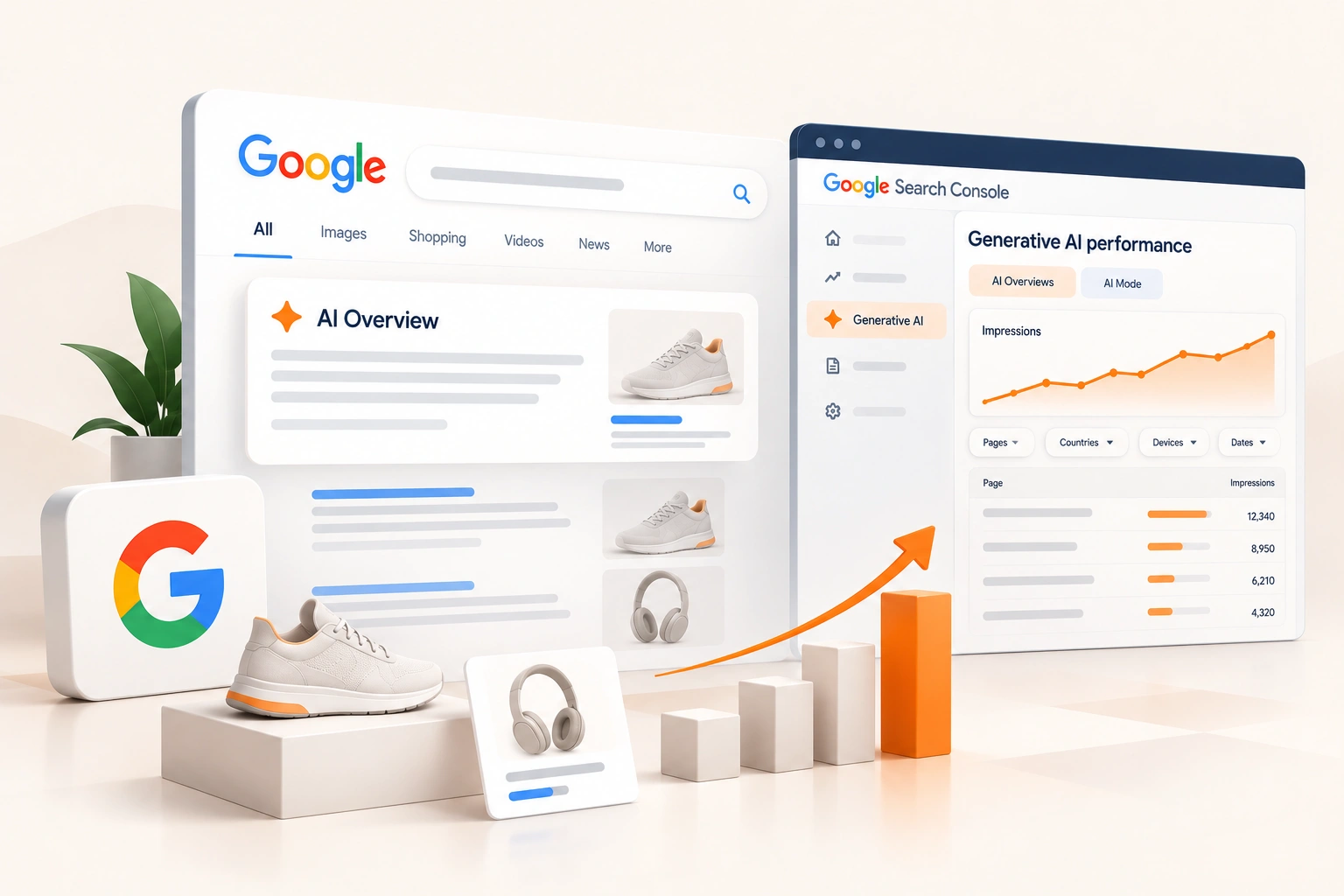 A laptop showing a search performance chart beside an AI answer panel citing product pages, on a desk with a product box