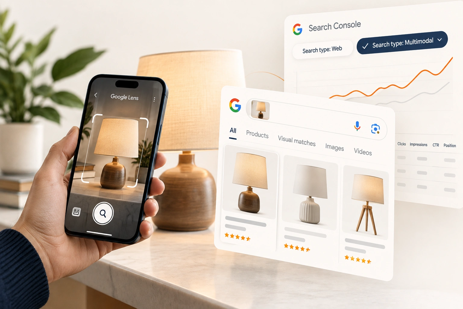 A shopper holding a phone camera up to a trainer on a shelf, with a product search result appearing on the screen