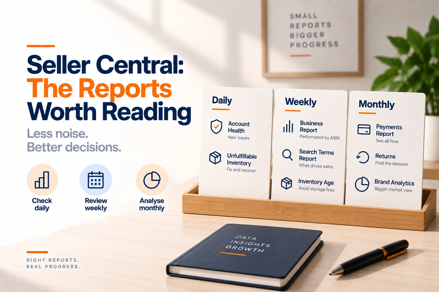 A Seller Central menu with the handful of reports that matter marked and the rest greyed back