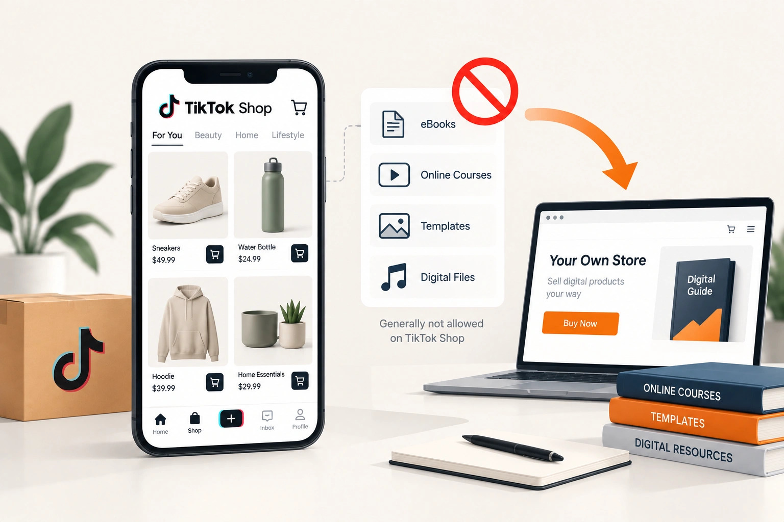 A physical and a digital listing on TikTok Shop, with the digital one marked unavailable in most markets