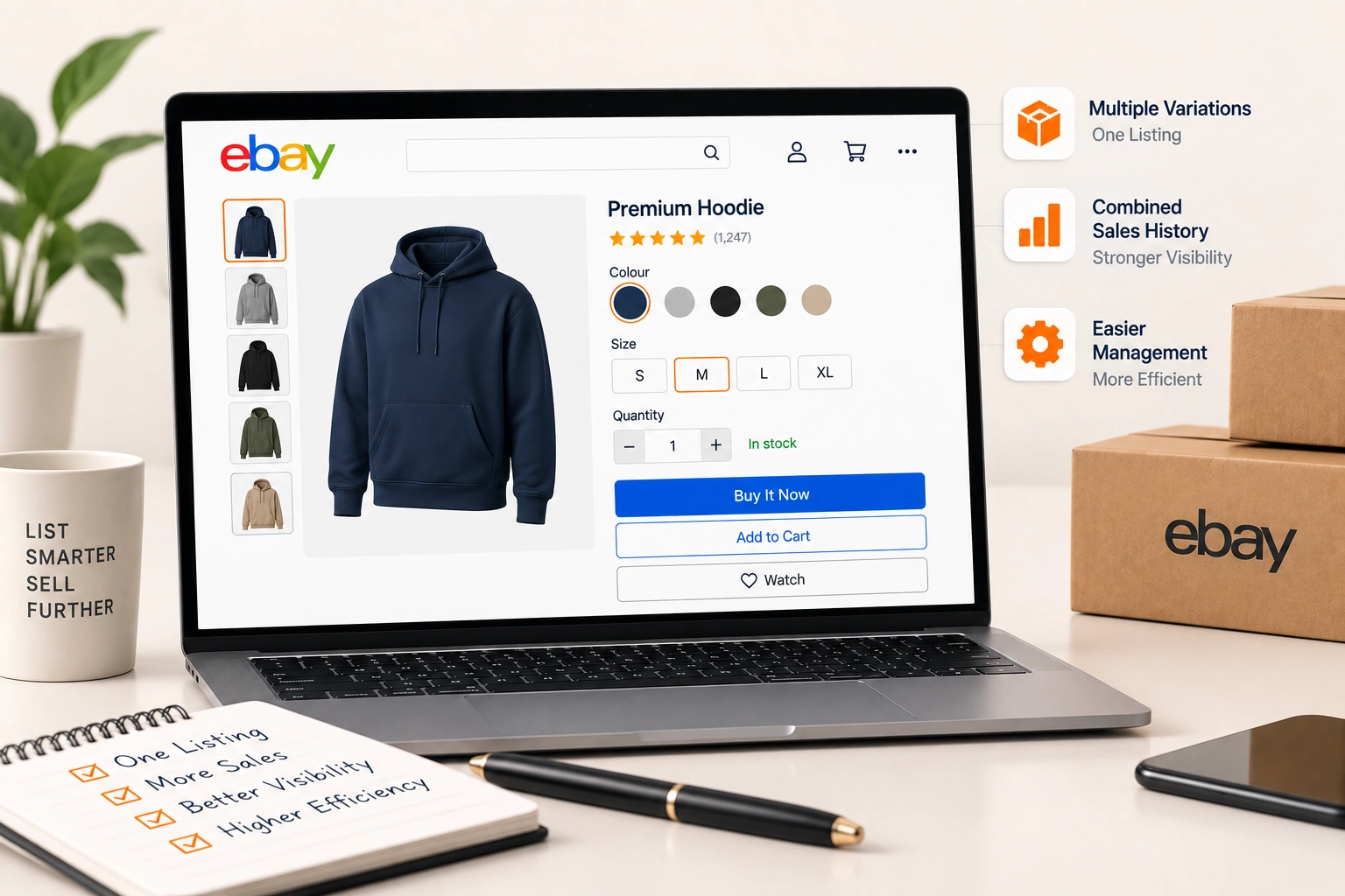 One eBay listing with a size and colour selector open, and beside it three separate listings for the same product