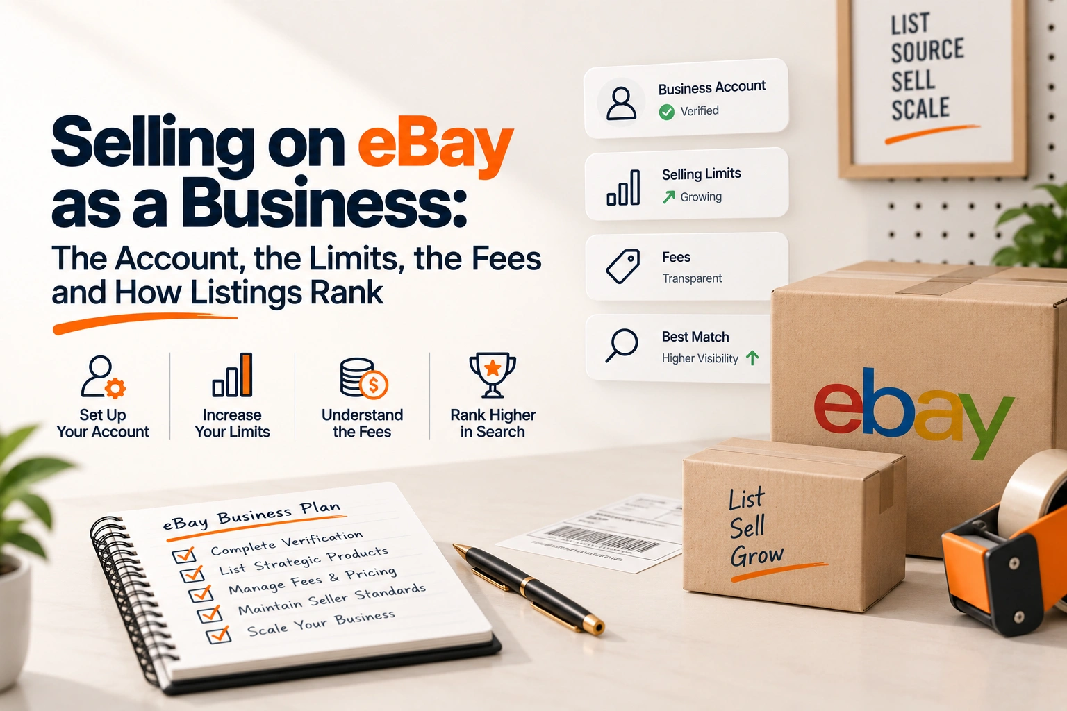 An eBay Seller Hub overview with a business account, its monthly selling limit and its fee summary shown side by side