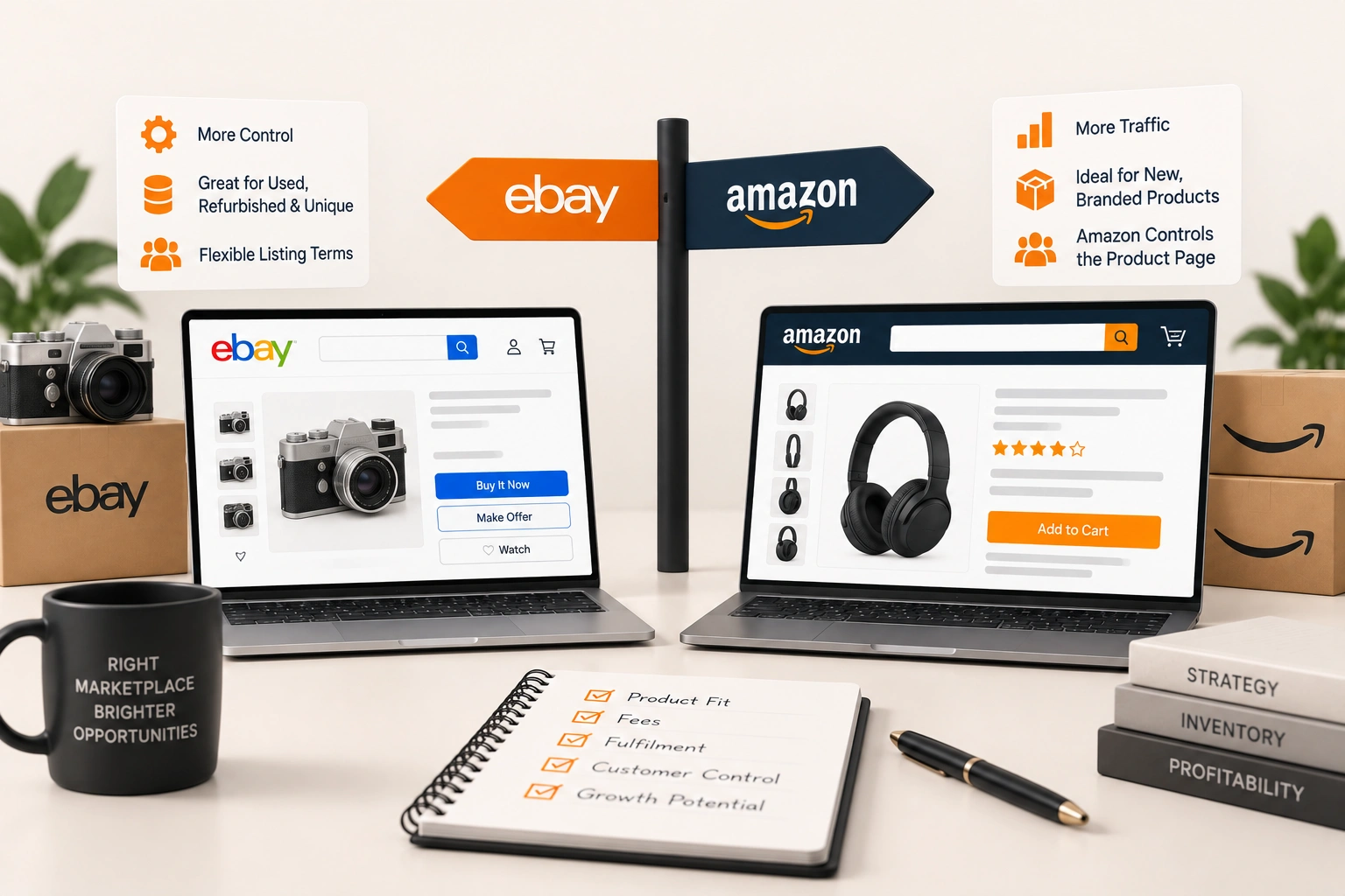 One product listed on both marketplaces, with fees, competition, seller control and buyer behaviour marked as the differences