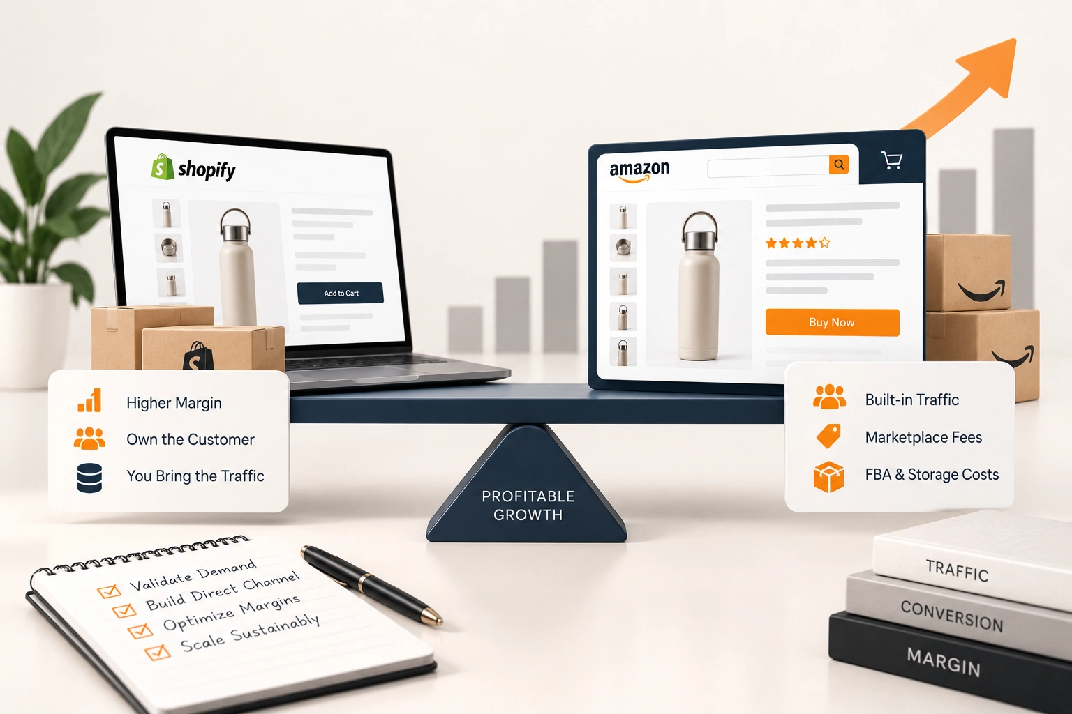 One product sold on a marketplace and on a brand's own store, with margin and traffic cost under each