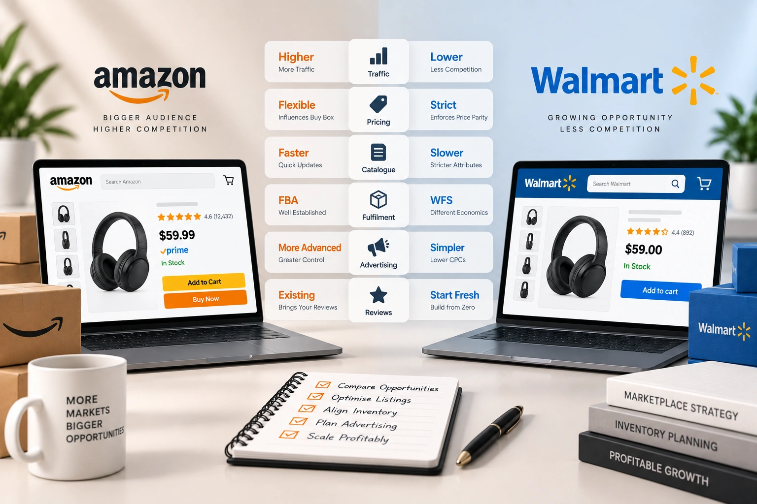 The same product listed on both marketplaces side by side, with buy box, fees, competition and traffic marked as differences