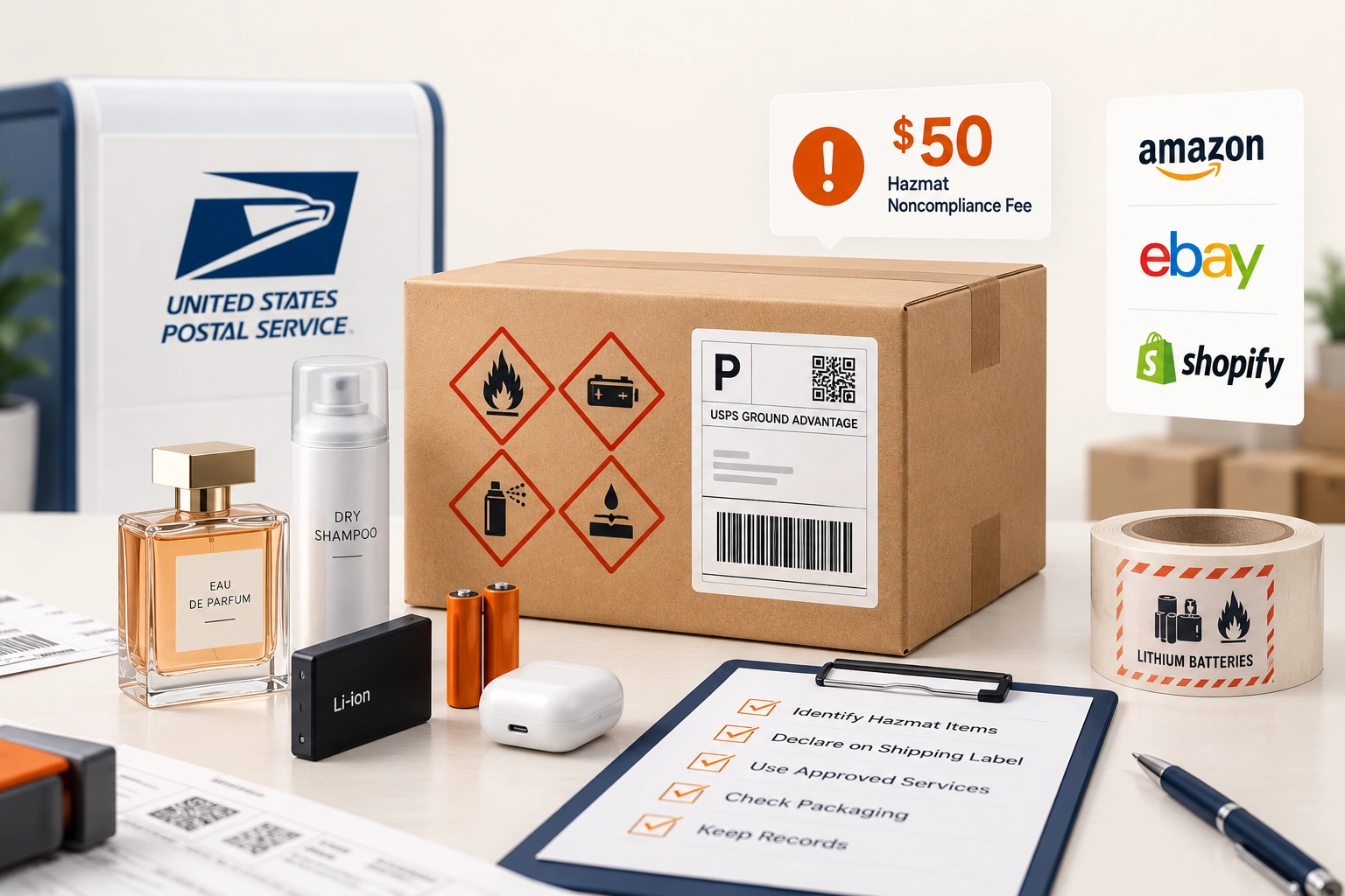 A packing bench with a perfume bottle, a lithium battery pack and an aerosol can beside a ground only label and a hazmat mark