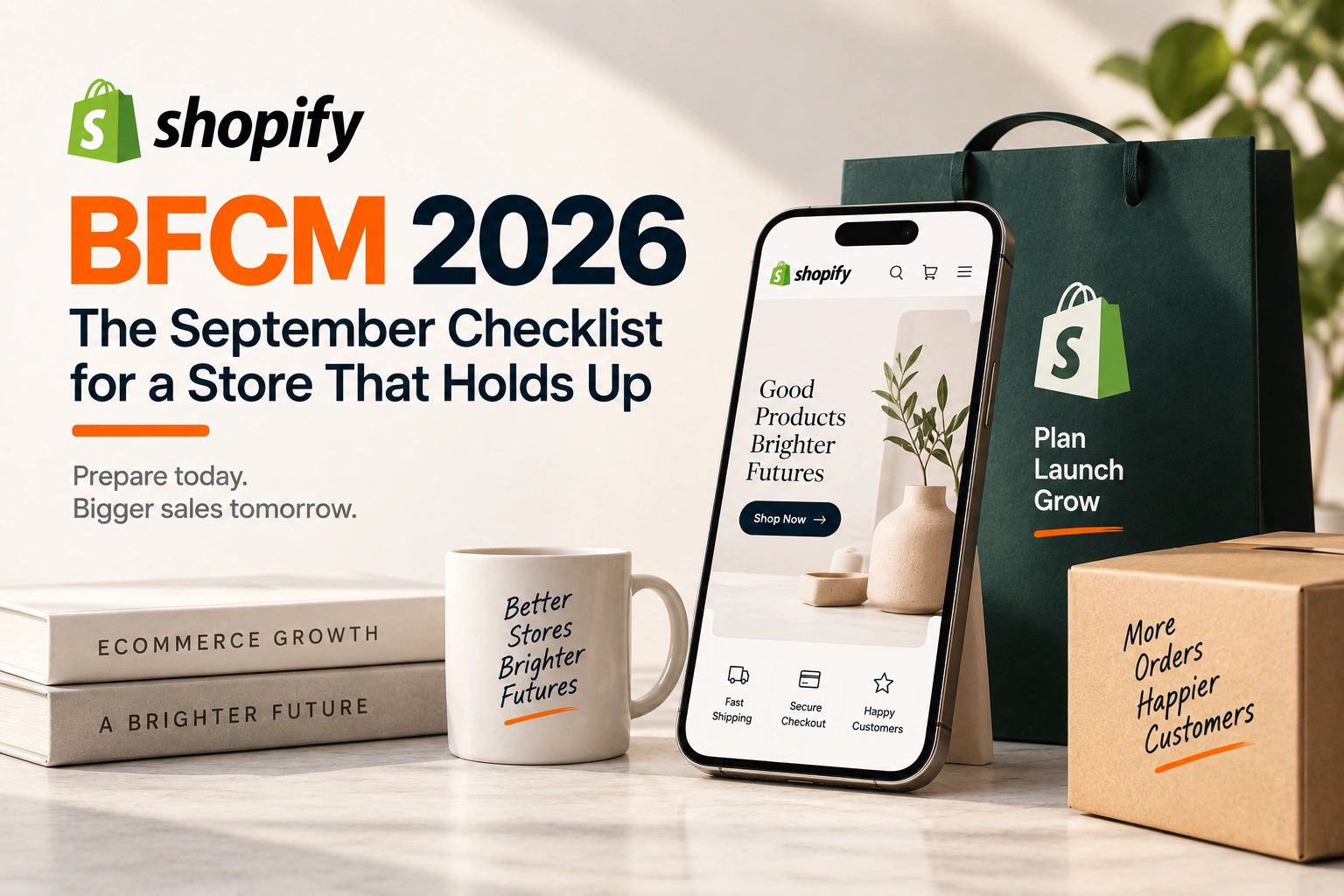 A Shopify store's checkout on a laptop beside a stack of branded boxes and a paper checklist, a November calendar on a phone