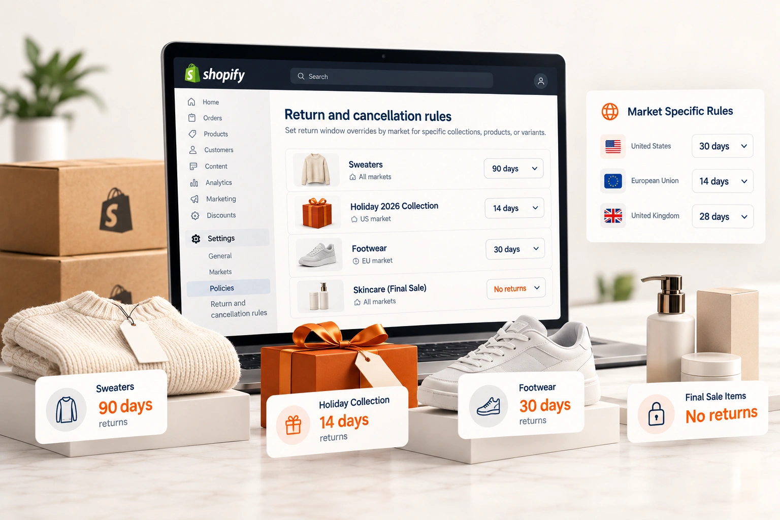 A packing table with a returns label beside two boxed products, one tagged final sale, and a laptop open to settings