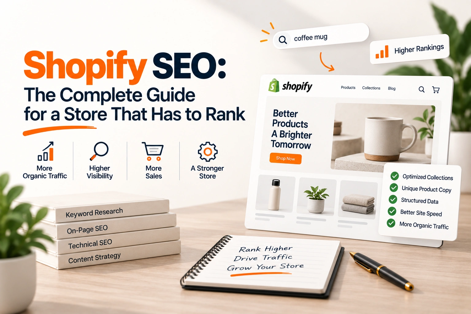 A Shopify store's collection page beside its search result, with the title, the description and the structured data marked