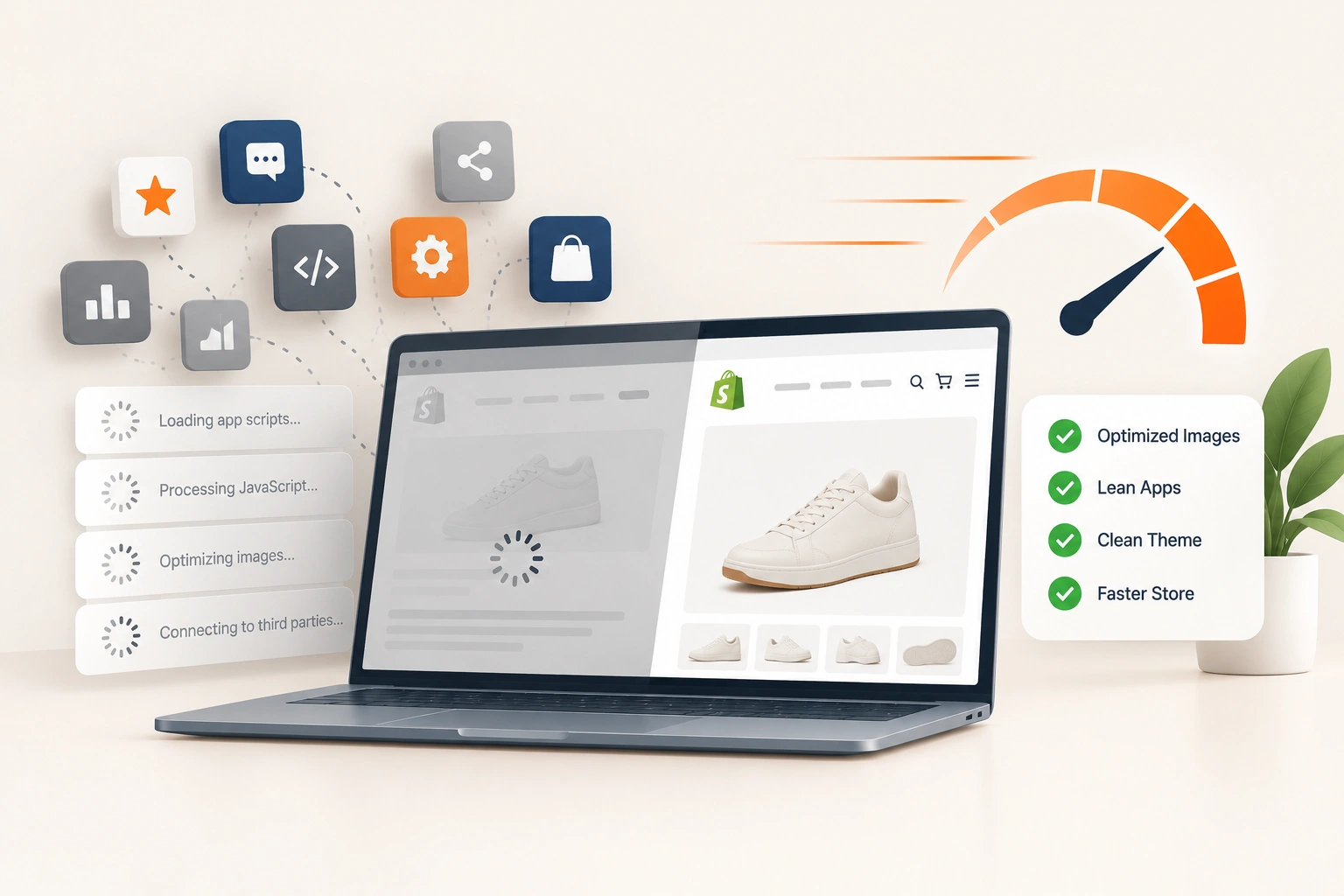 A Shopify storefront load broken into its parts, with apps and third party scripts taking most of the bar