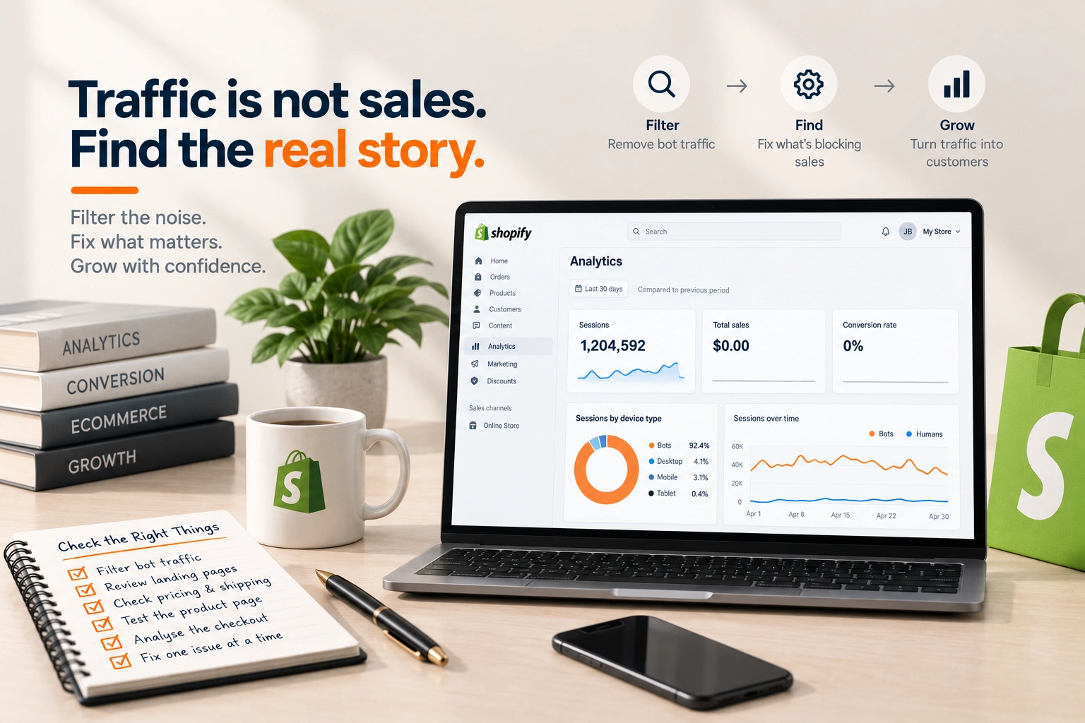 An analytics screen showing a tall sessions line and a flat orders line, beside a phone with a product page open at checkout