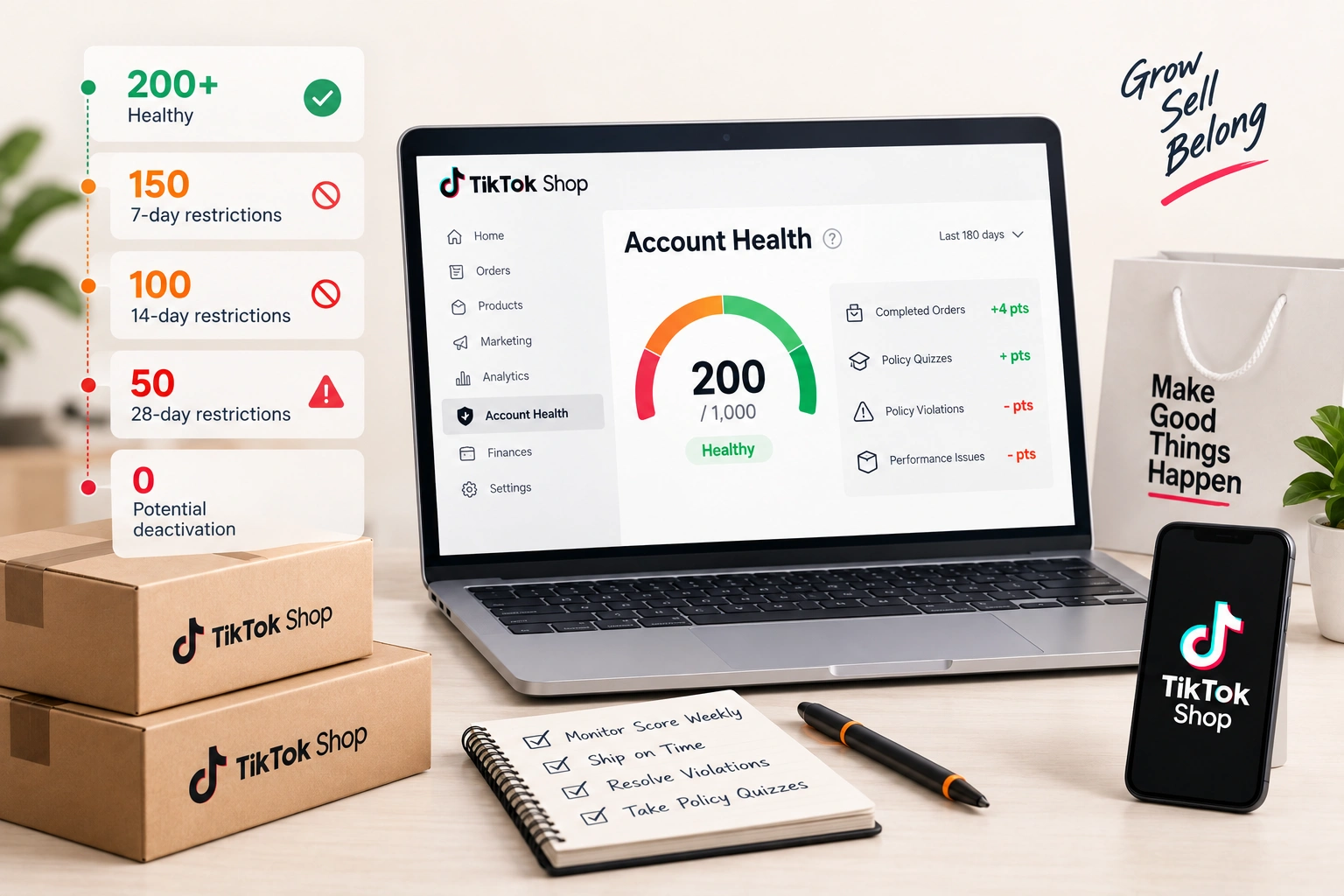 A seller dashboard with a health score gauge moving from green through orange toward red, a shop storefront beside it
