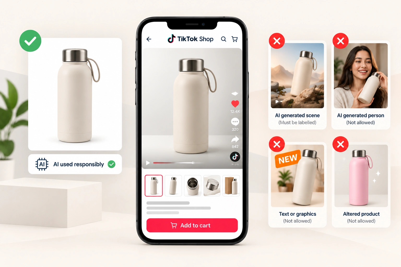 A phone showing a TikTok Shop product page beside a photographed product and a tablet with an AI image editor open