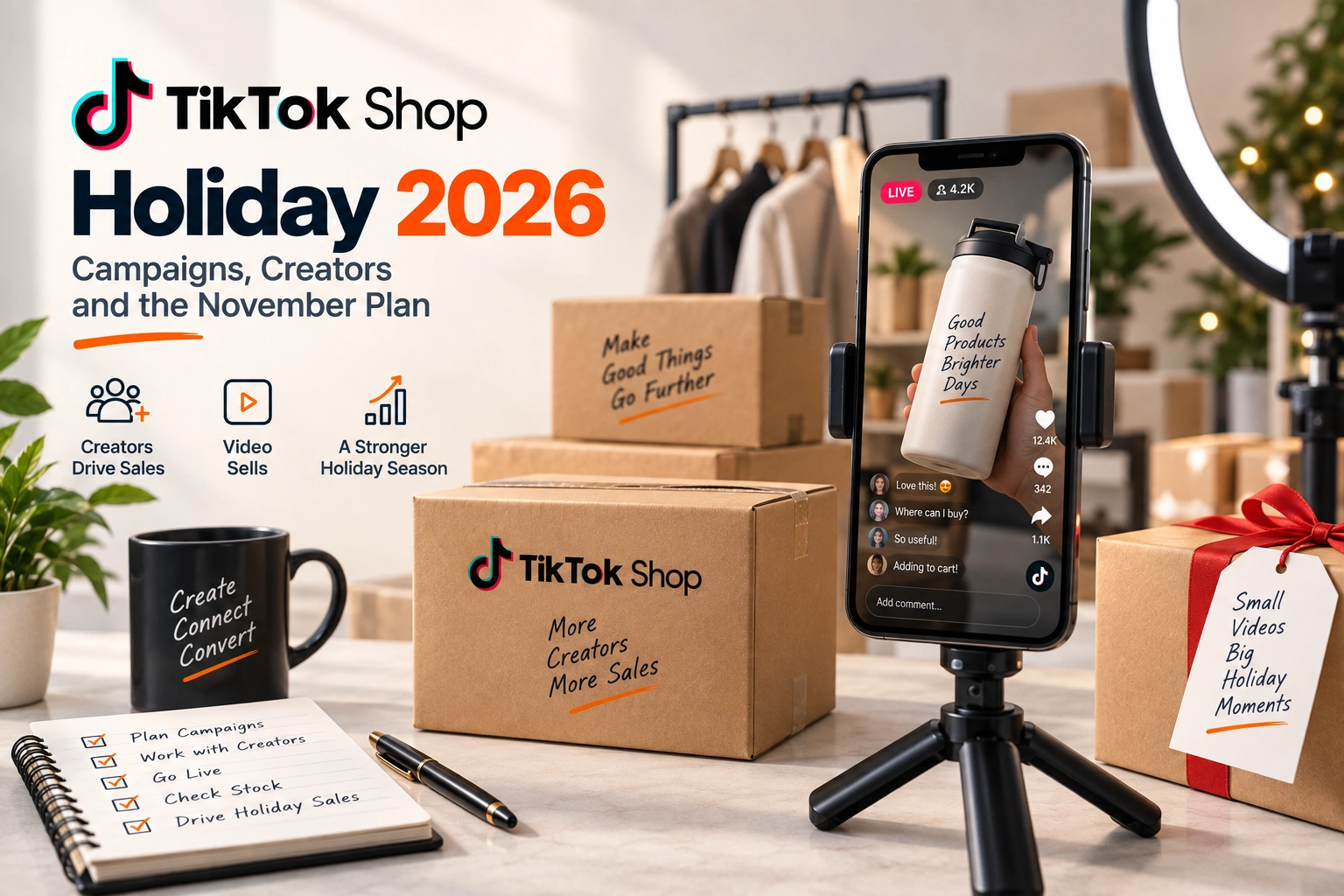 A creator's ring light and a phone on a tripod beside a stack of shipping boxes, a campaign dashboard lit on a laptop behind