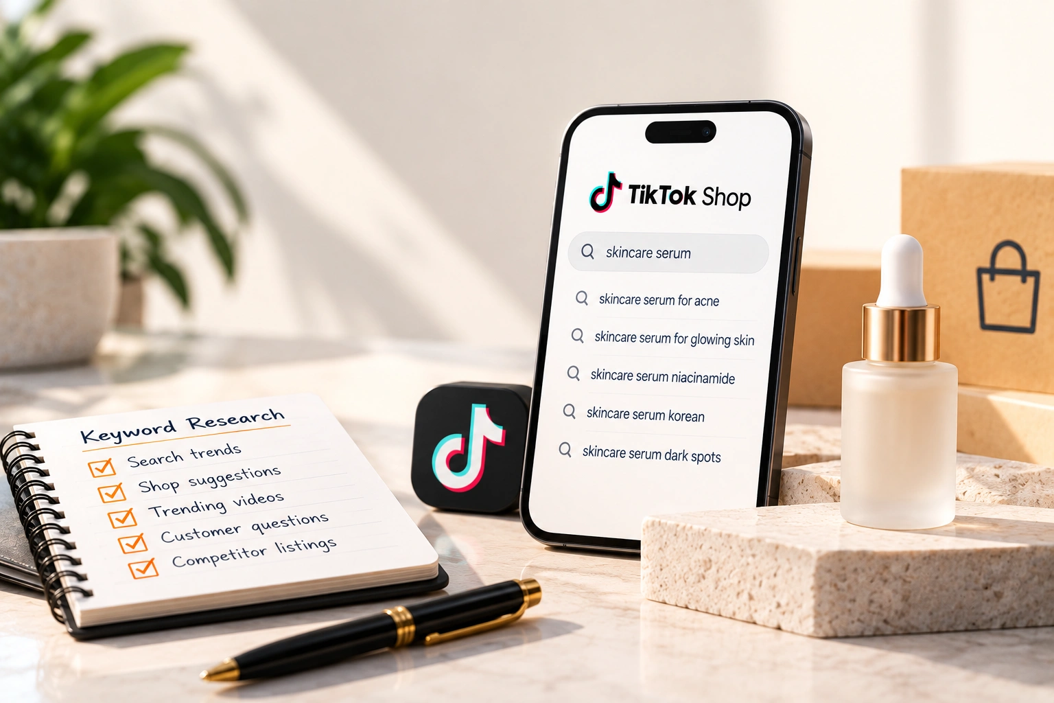 A phone showing TikTok Shop search suggestions for a product type, beside a laptop with a listing's title and attributes