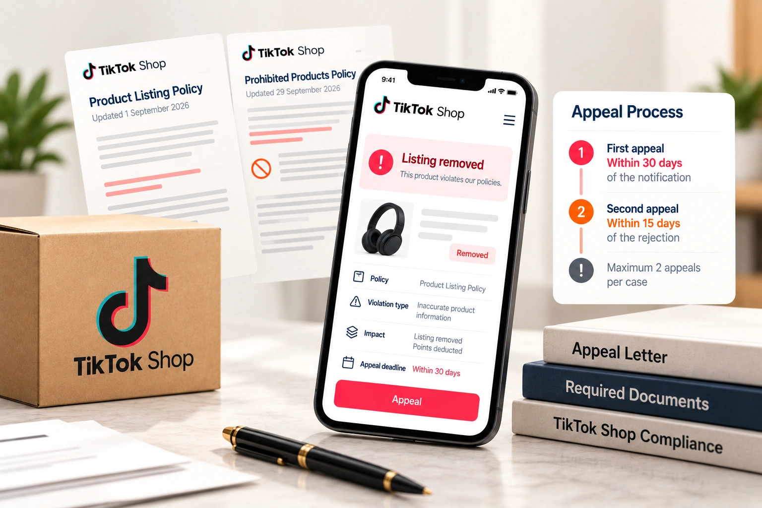 A laptop showing a TikTok Shop violation record with an appeal button, beside a folder of invoices and a business licence