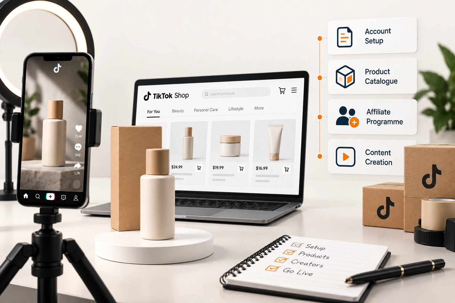 A TikTok Shop seller centre with the catalogue, the affiliate tab and a live video open beside a product card