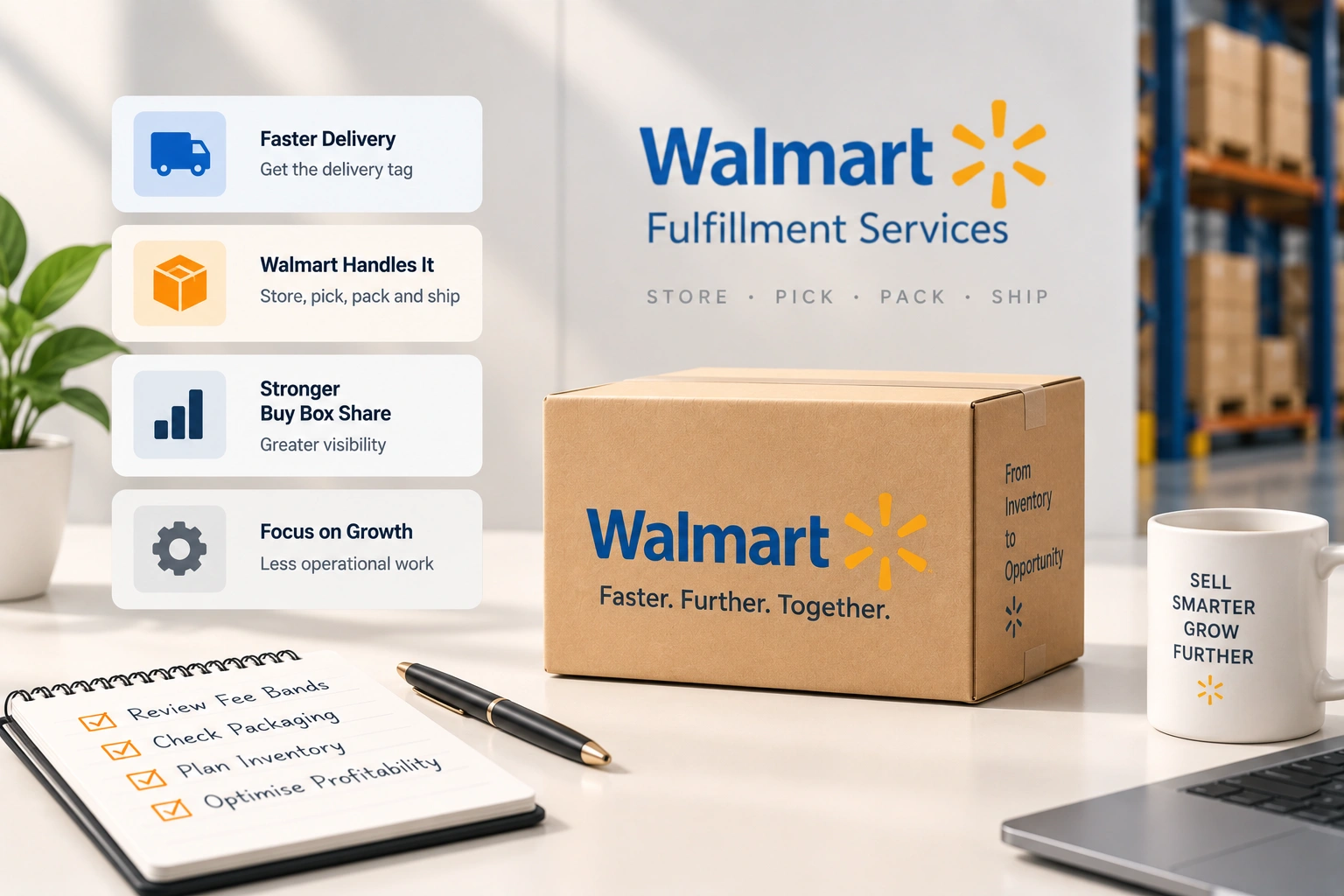 A Walmart listing with and without the two day delivery tag, with the fulfilment path drawn under each