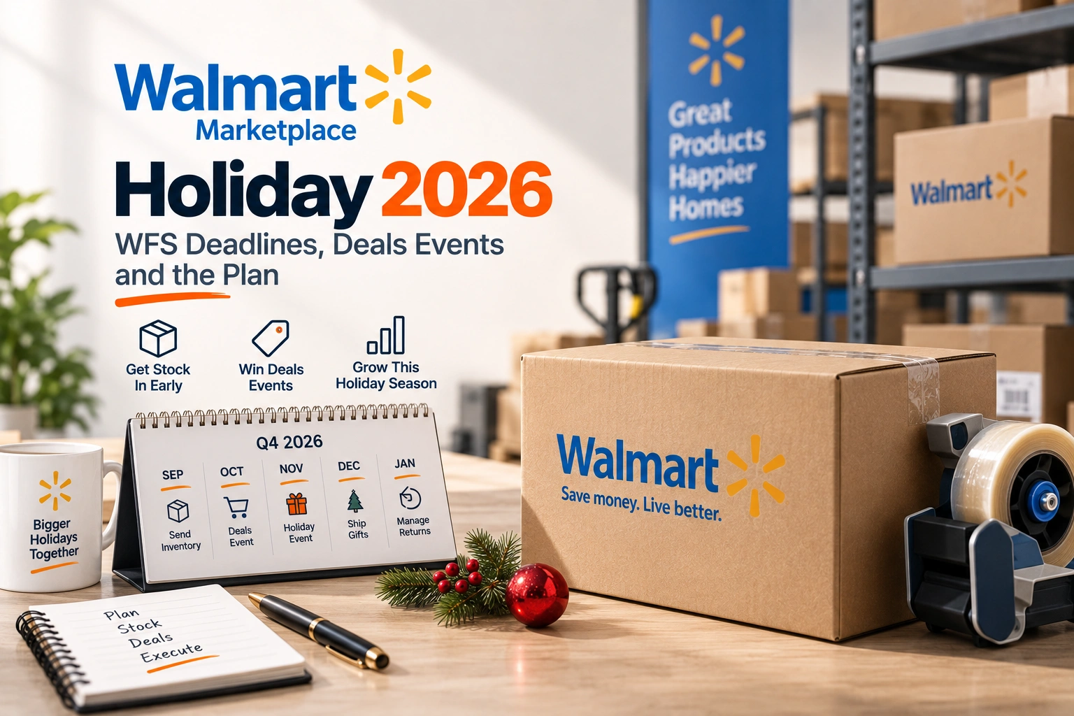 A Walmart Fulfillment Services inbound dock in September, pallets labelled and waiting, a wall calendar marking October