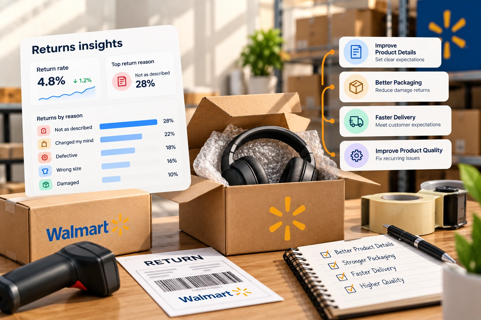 An opened returned parcel with its packing slip on a warehouse bench, a laptop behind it showing a returns chart
