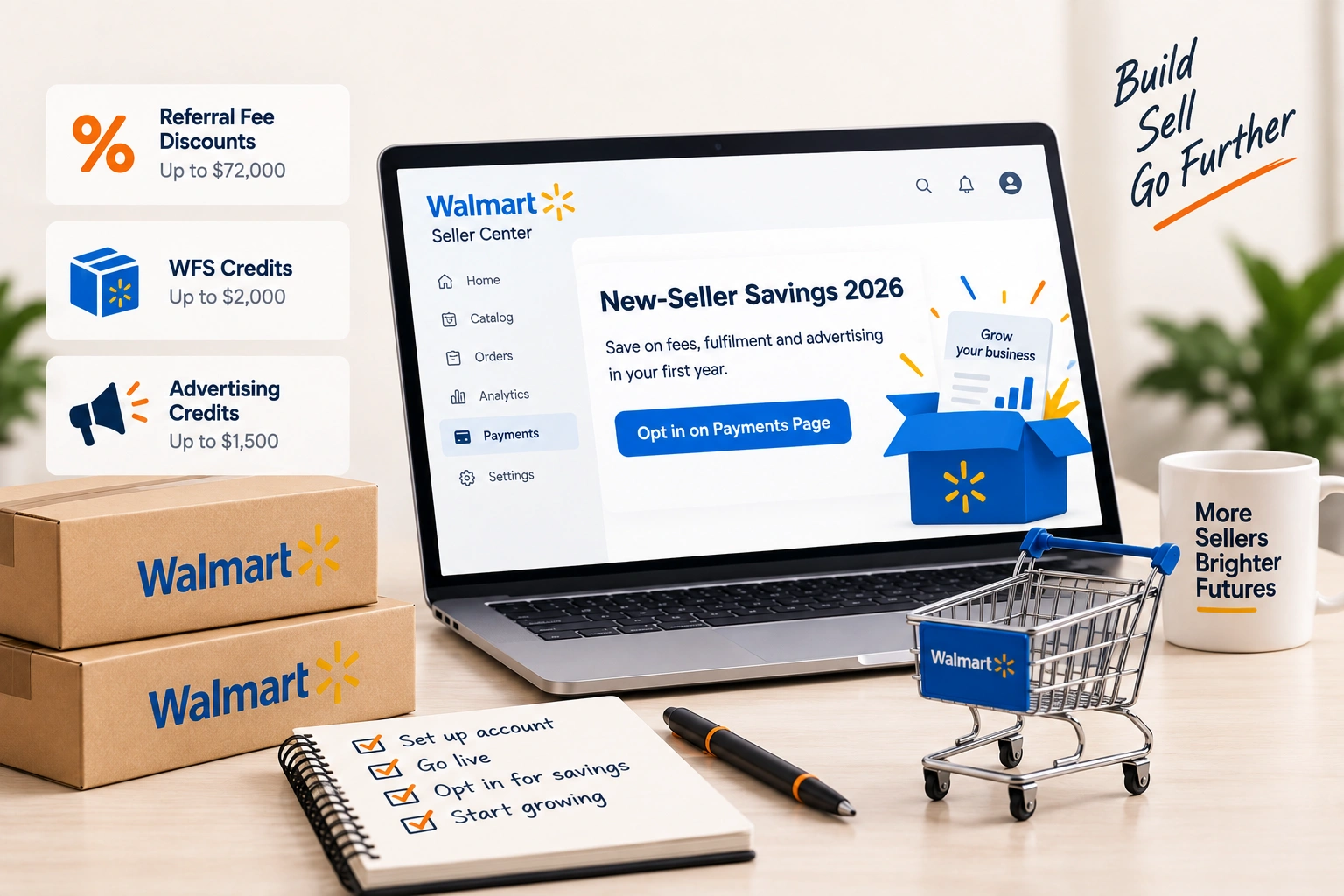 A calculator and a printed fee statement on a desk beside a laptop showing a marketplace seller dashboard with a savings line