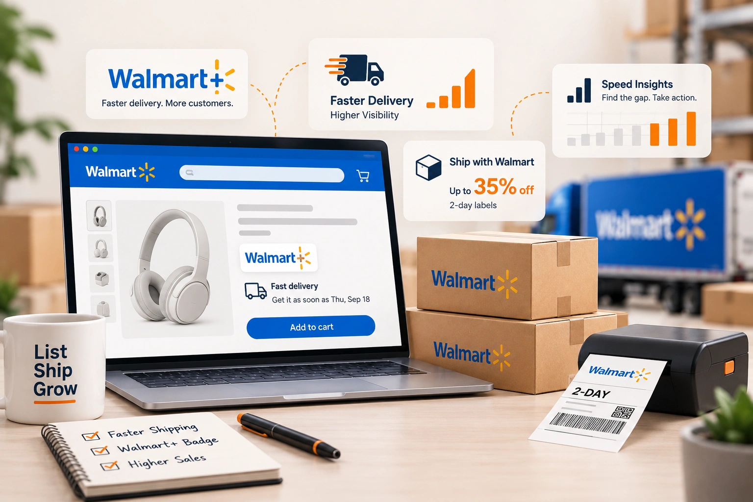 A Walmart marketplace listing with a delivery badge beside a shipping label, a calendar showing a two-week window