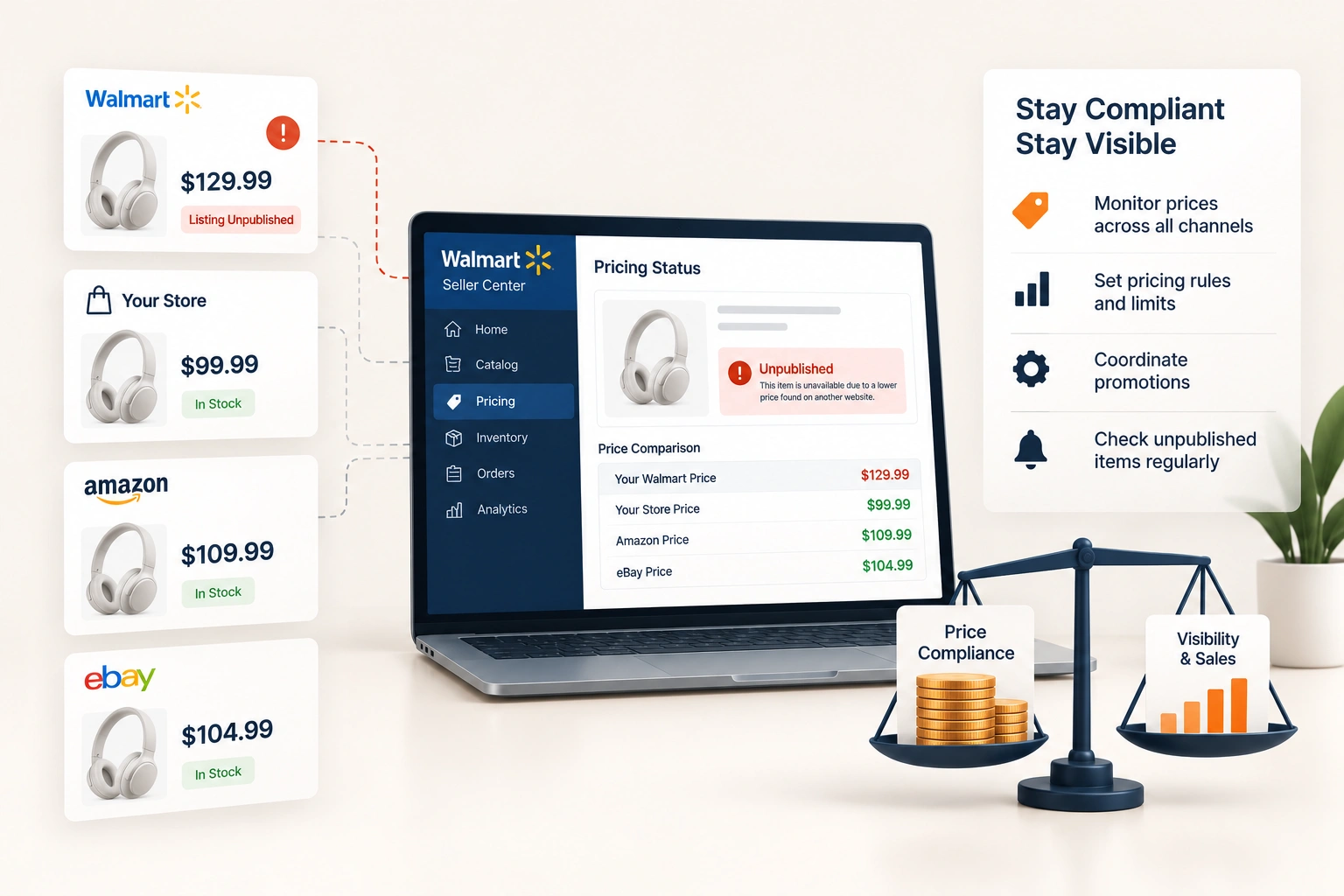 One product at three prices on three marketplaces, with the Walmart listing unpublished for being highest