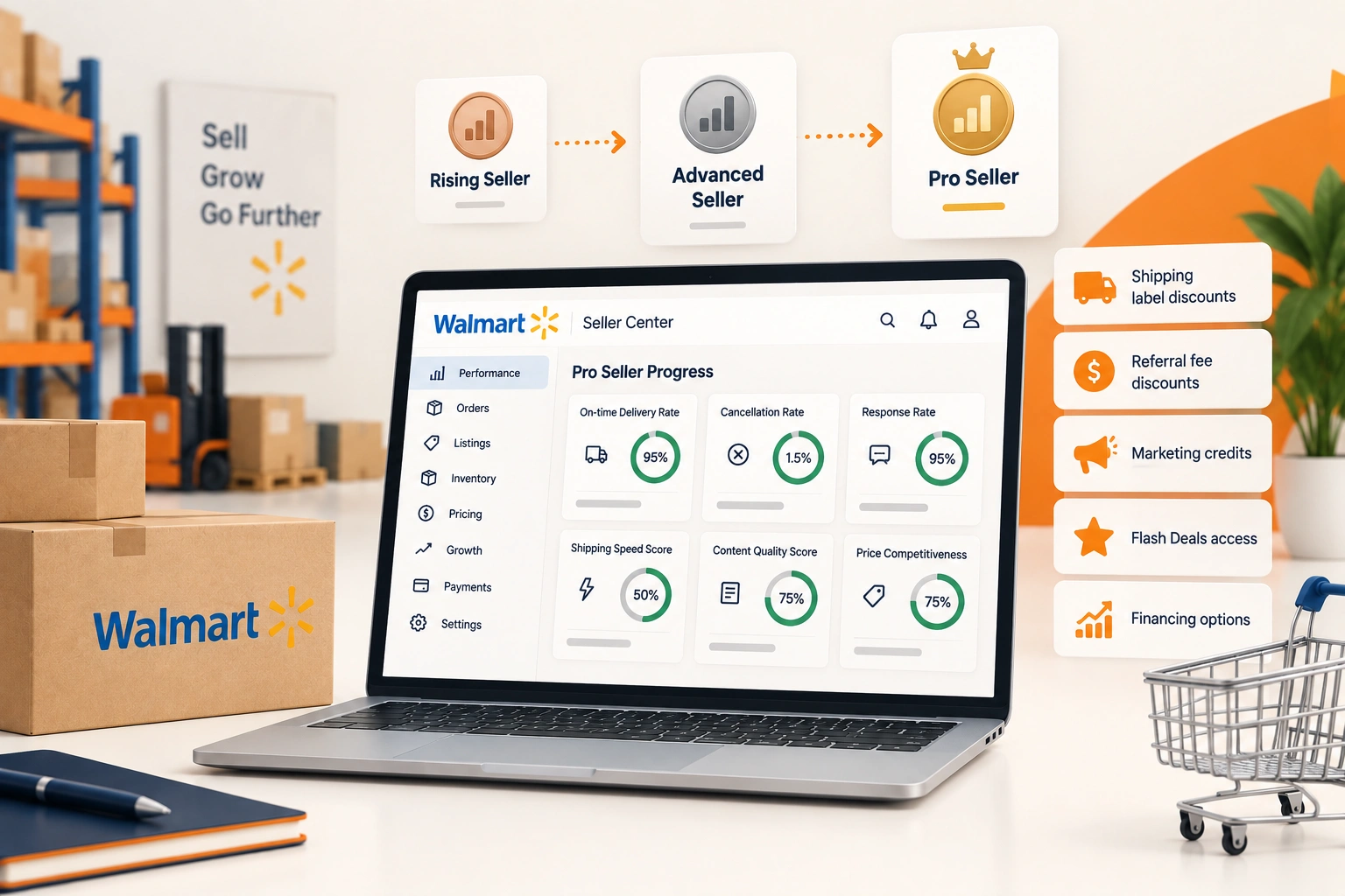 A Walmart marketplace listing on a monitor with a seller badge beside the price, next to a dashboard of delivery metrics