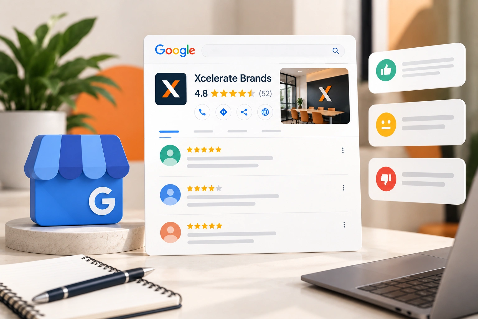 A phone showing a company's Google search result with reviews and business details, on a desk beside a laptop and a coffee