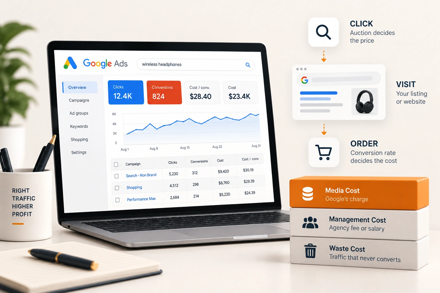 A budget split across search, shopping and Performance Max, with cost per click and cost per order marked