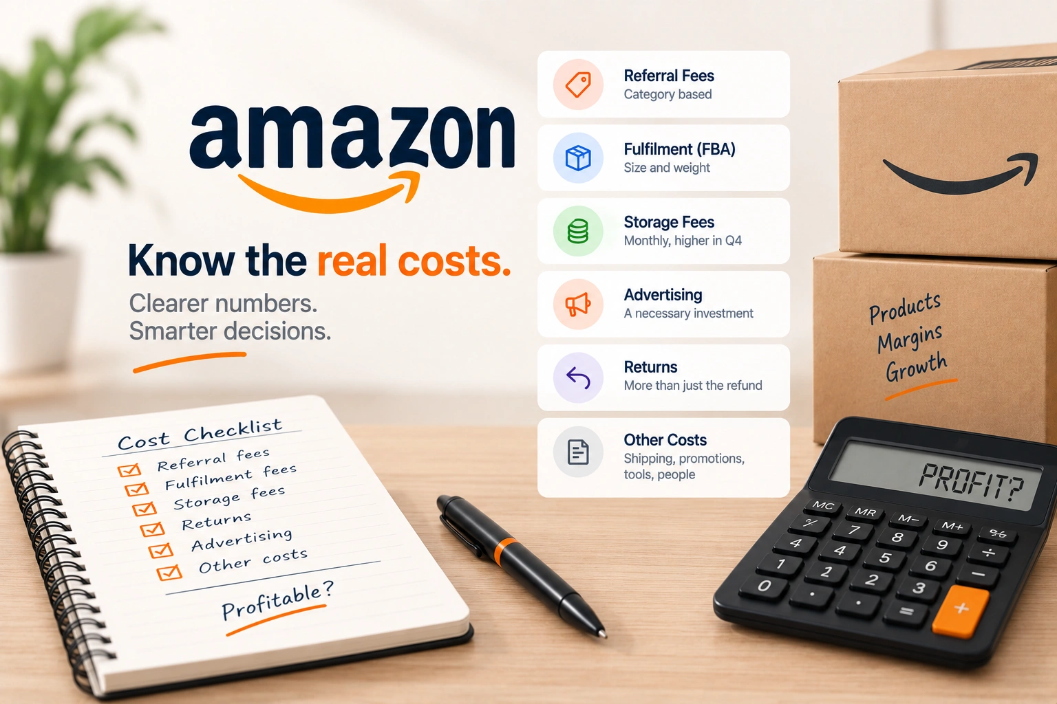 One product's sale price broken into fees, storage, advertising and cost of goods, with the margin marked