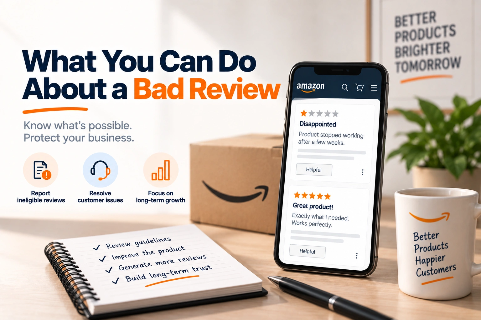 A product page review section with one negative review and the seller tools that apply to it marked