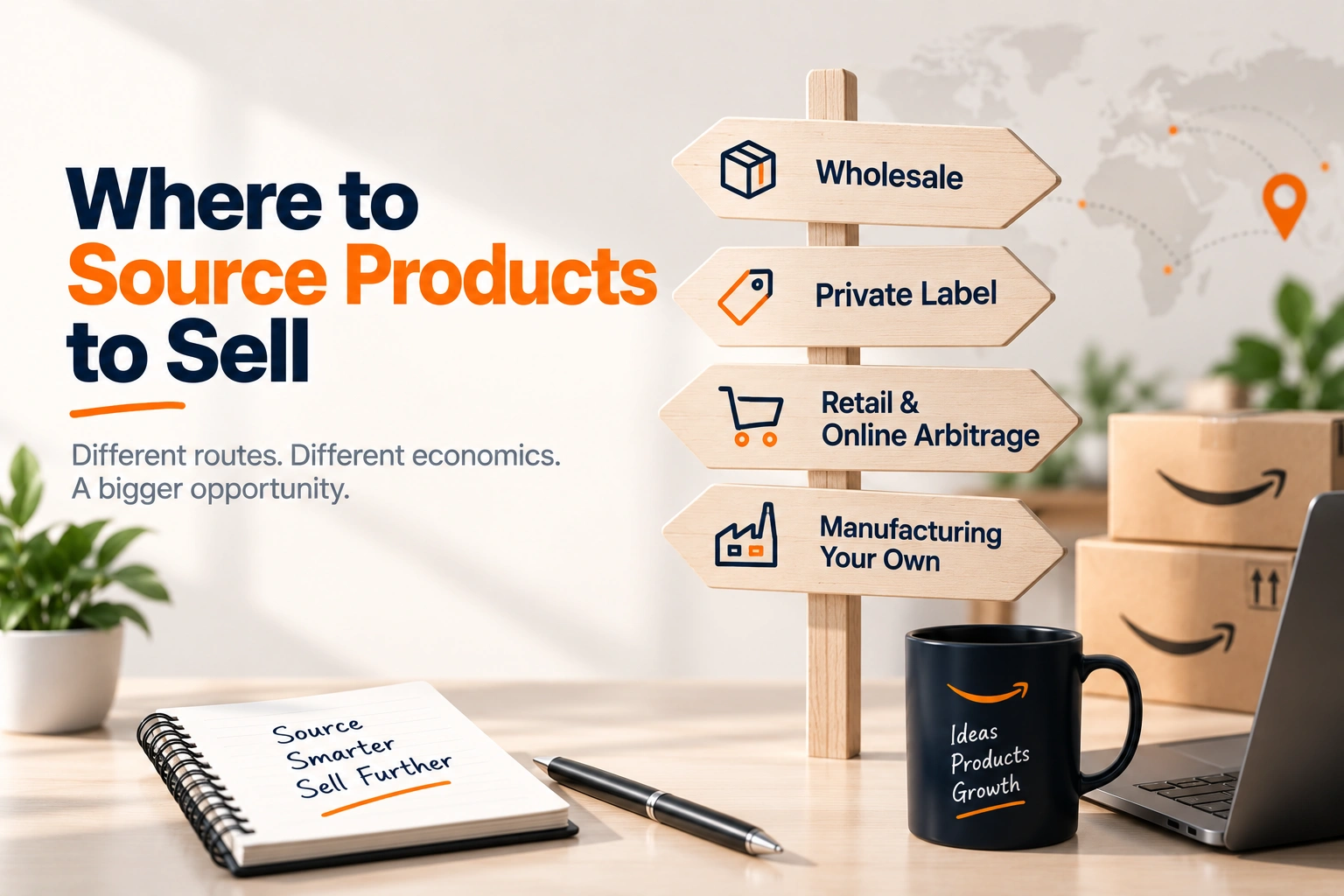 Four sourcing routes laid out side by side: wholesale, private label, arbitrage and manufacturing