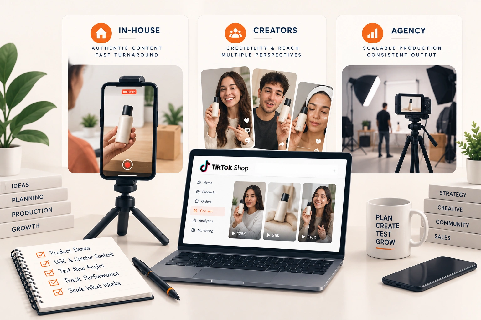Three routes to the same short video: a phone on a desk in the office, a production agency, and a creator filming at home