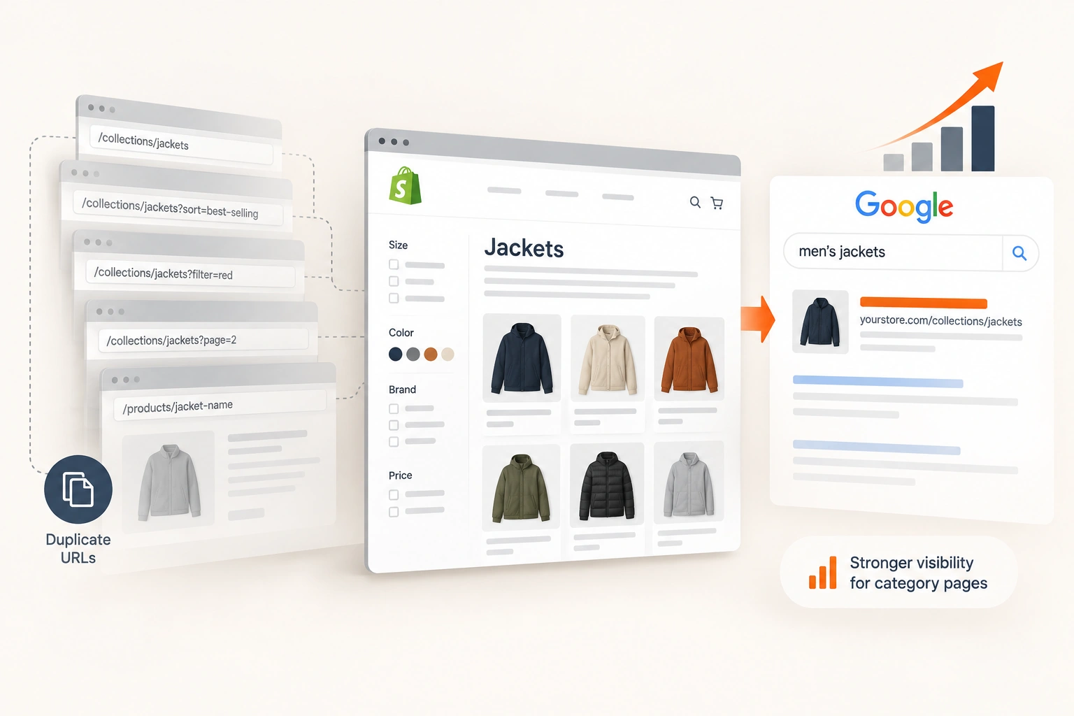 A Shopify collection page with its filtered and sorted variants behind it, each a near identical URL