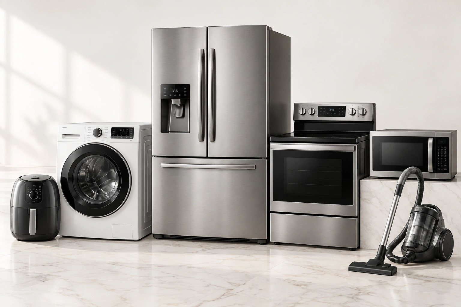 An air fryer, washing machine, fridge freezer, cooker, microwave and vacuum cleaner on a marble floor