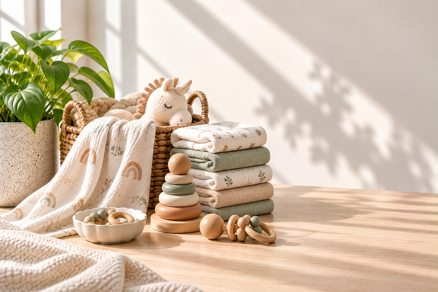 Four unbranded upper tier items arranged on honed travertine in soft daylight, with a leafy plant in a speckled pot.