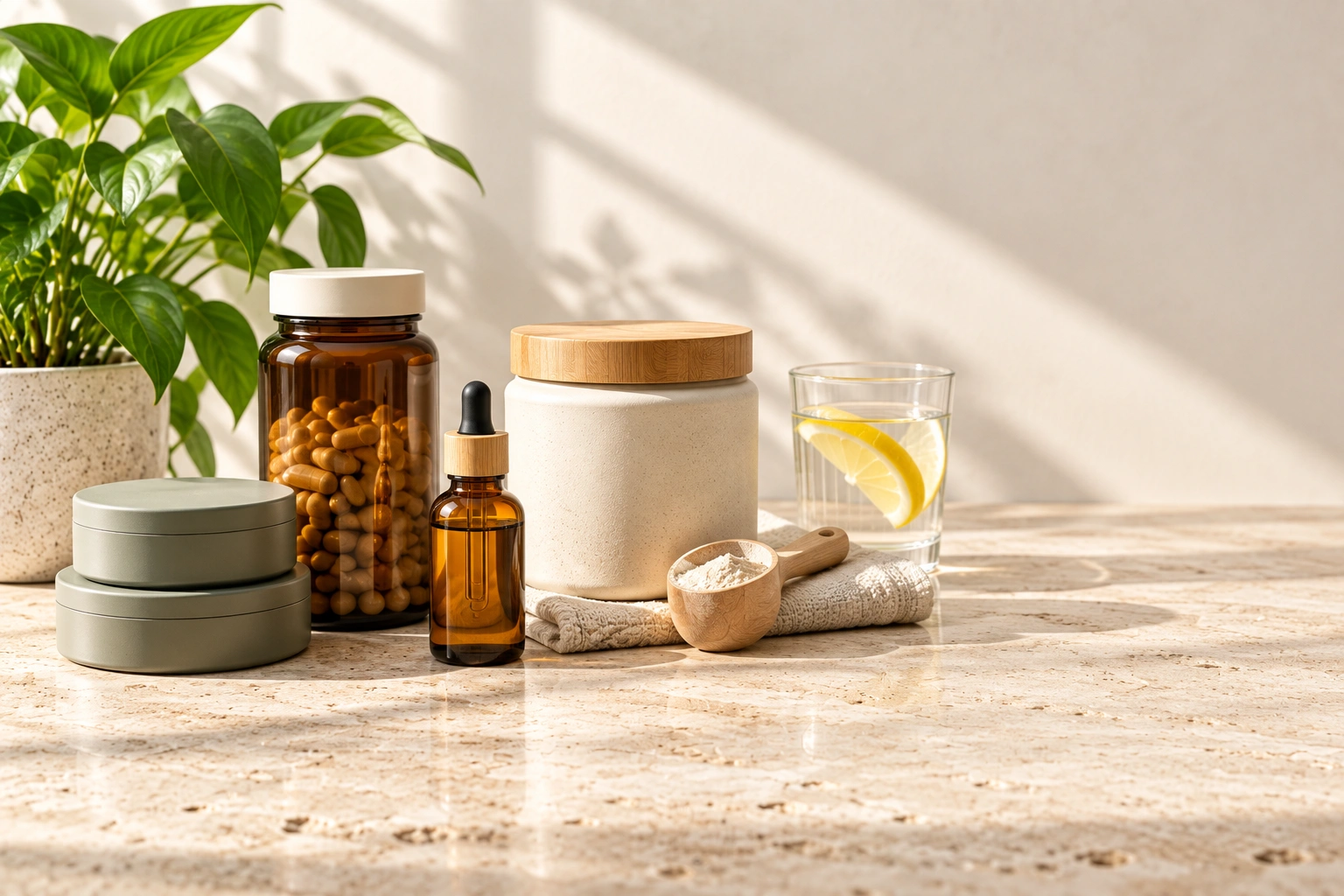 Unbranded supplement jars, a powder tub and a wooden scoop on a warm travertine counter.