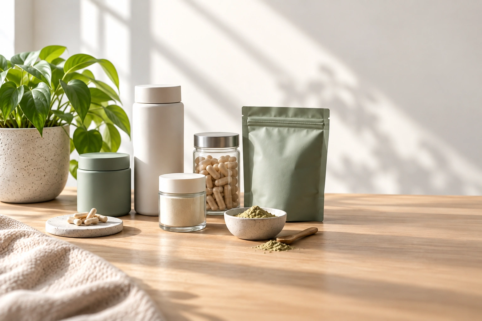 Five unbranded mid value items grouped on pale oak in daylight, with a leafy plant in a speckled pot at the left edge