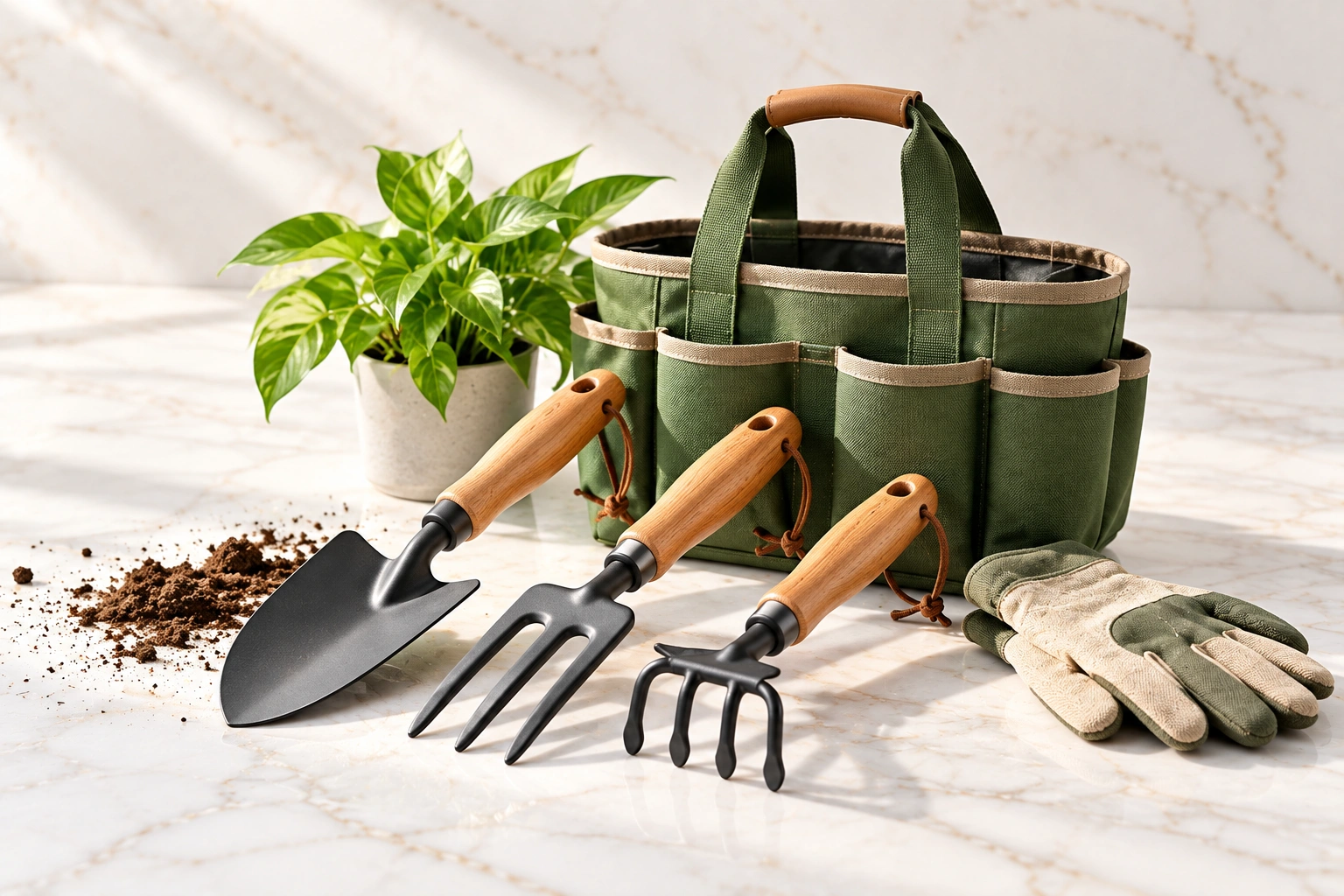 Five unbranded mid value items on honed travertine in daylight, a leafy plant in a speckled ceramic pot at the left edge.