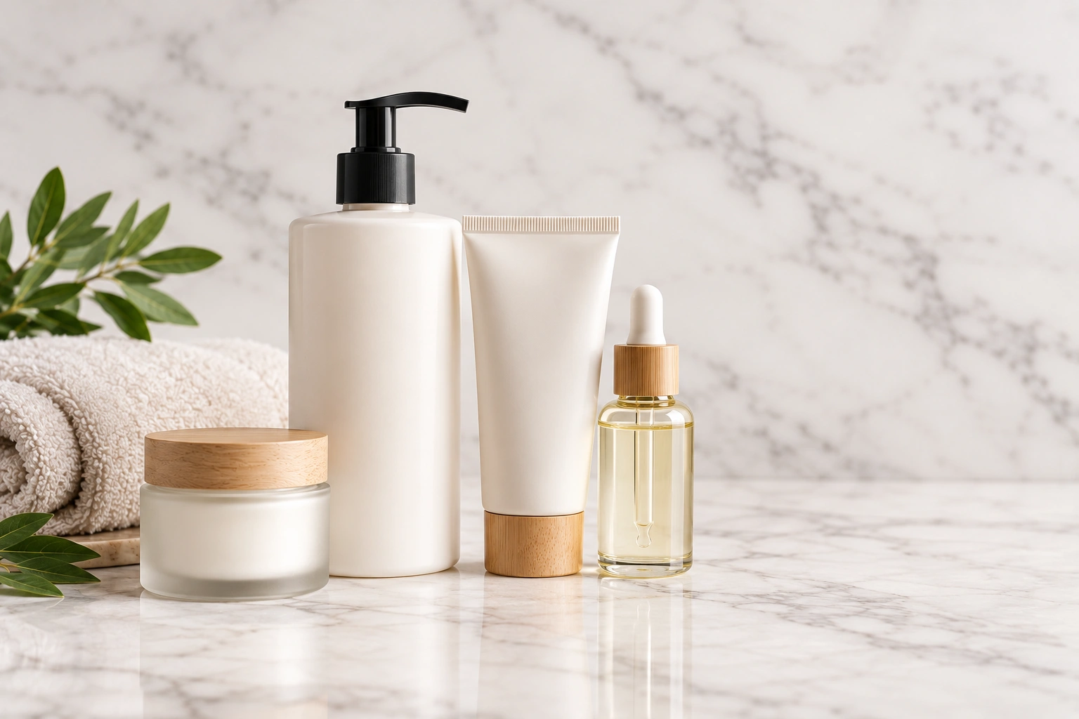 Unbranded pump bottle, tube, dropper bottle and frosted jar with a rolled towel and olive leaves on marble